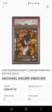 Load image into Gallery viewer, PSA 10 POP 1 GOLD /15 2022 BOWMAN DRAFT SAPPHIRE MICHAEL KNORR HOUSTON ASTROS
