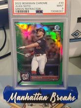 Load image into Gallery viewer, GREEN FIRST ON PRINT 1/99 PSA 9 2022 BOWMAN CHROME JUAN SOTO #30
